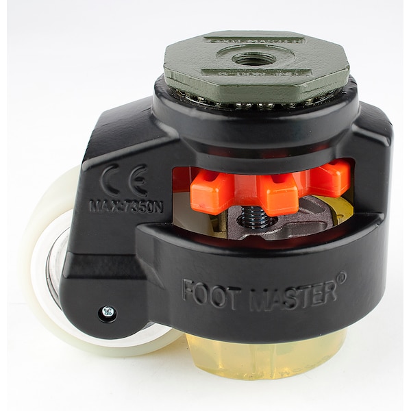 Leveling Caster, 75 mm Polyurethane Wheel, M16x2.0P Stem, Swivel, 800 kg Cap, PU Foot Pad, Black